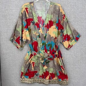 Sudara Floral Kimono Robe Women Sz OS Multi Color Short Sleeve Belted Boho Indie